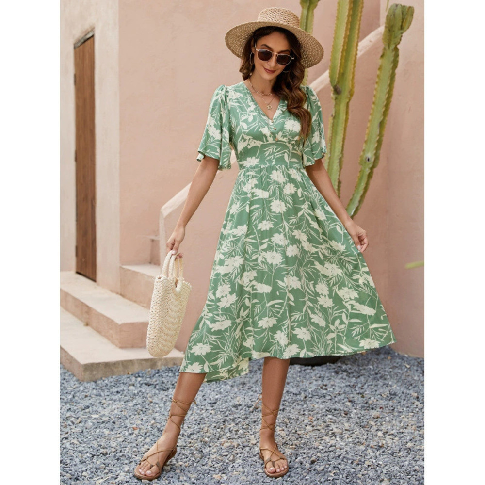 ZARA Bohemian Rayon Print Short Sleeve Collar Fitted Waist Beach Party Dress